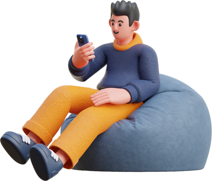 3D Character Male Look at Smartphone Sitting on Bean Bag