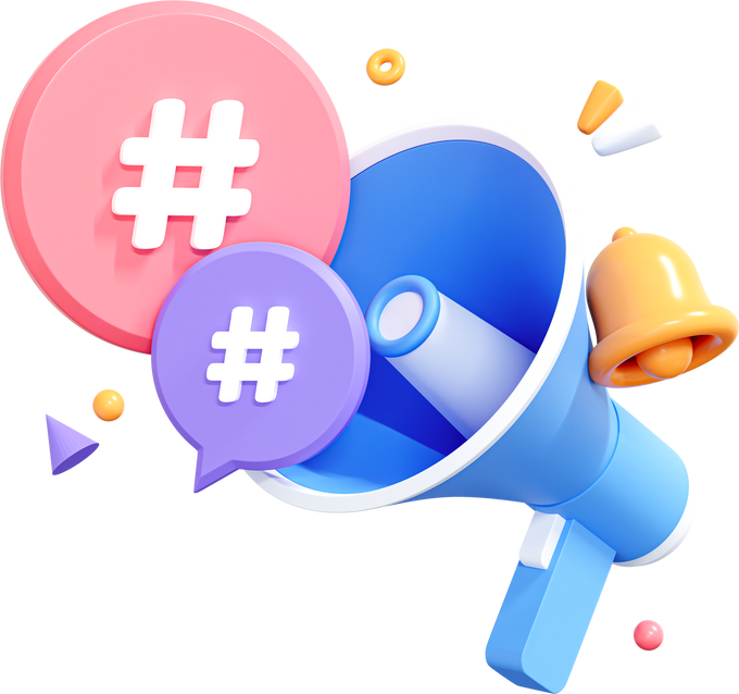 3D Megaphone with hashtags in social network